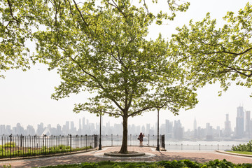 Naklejka premium New York City midtown Manhattan skyline panorama view from Boulevard East Hamilton Park over Hudson River. Big tree in Hamilton Park promenade.