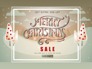 Landscape snowy sale banner with hand lettering.