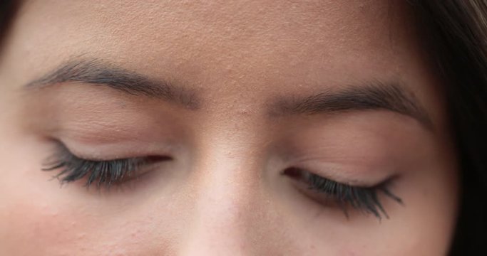 Close-up Of Thoughtful Girl Eyes Looking Down. Change Of Emotion