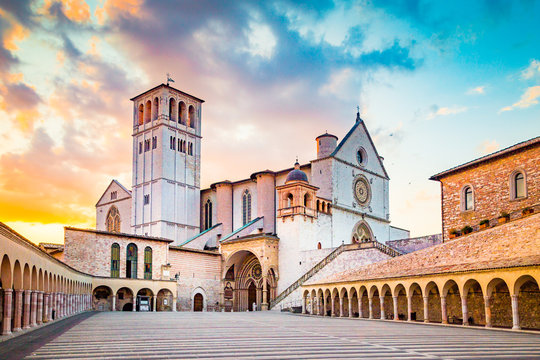 Fototapeta Basilica of St. Francis of Assisi at sunset, Assisi, Umbria, Italy