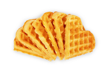 Waffle cookies in the form of hearts on a white background.