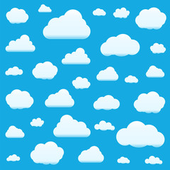 Set of Clouds Isolated on Sky Background. Seamless Pattern. Collection of clouds for Web, Poster, Placard, Wallpaper. Creative Modern Concept. Vector illustration.