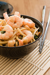 King prawn Chow Mein or Lo Mein stir fried prawns with egg noodles vegetables and bean sprouts