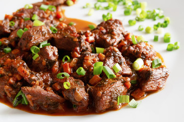 veal goulash in gravy decorated with green onion 