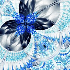 Beautiful Symmetrical fractal Blue flower or butterfly, digital artwork for creative graphic design