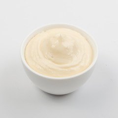 Olive Mayonnaise or Mayo Sauce in Small White Bowl Close Up