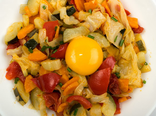 Fried Vegetable Mix with Zucchini, Sweet Pepper, Tomatoes, Onions Close Up