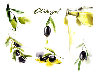 Watercolor set of olive branches with olives and olive oil on white background. Hand drawn watercolor illustration with splashes