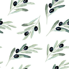 Obraz premium Seamless watercolor olea floral pattern with olive branches and leaves on white background