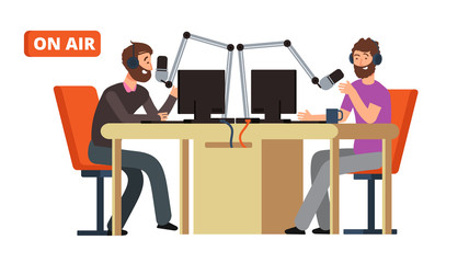 Radio show. Broadcasting radio dj talking with microphones on air. Vector concept broadcast entertainment, broadcasting live illustration