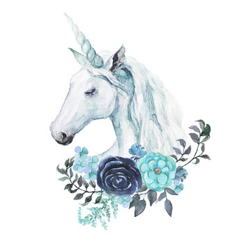 Watercolor animal floral boho illustration - sky blue unicorn with flower and feather elements for wedding, anniversary, birthday, etc. invitations.
