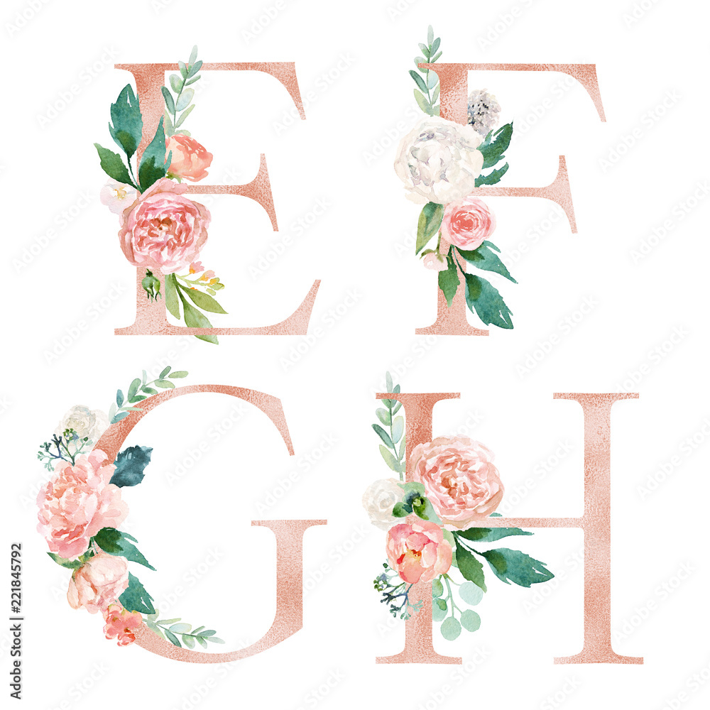 Wall mural floral alphabet set - letters e, f, g, h, with flowers bouquet composition. unique collection for we