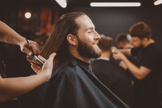 Process Of Cutting Hair With Scissors, Hairdresser For Men.