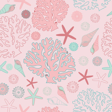 Seamless coral and sea shell vector pattern in pastel shades of pink and turquoise, perfect for wallpaper, scrapbooking, textile and gift wrapping paper