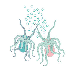 Two octopus holding hands vector design on white background, perfect for greeting cards, scrapbooking, textile and gift wrapping paper