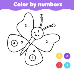 Coloring page with butterfly. Color by numbers printable activity
