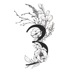 Graphic Floral Numbers - digit 3 with black and white inked flowers bouquet composition. Unique collection for wedding invites decoration, logo, baby shower, birthday and many other concept ideas.