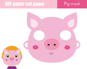 Obraz na płótnie Canvas DIY children educational creative game. Make an animal party mask with scissors. Pig paper face mask for kids printable sheet