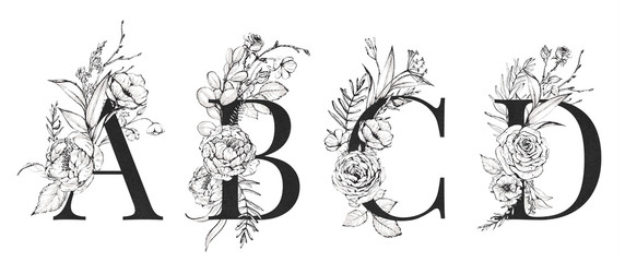 Graphic Floral Alphabet Set - letters A, B, C, D with black & white flowers bouquet composition. Unique collection for wedding invites decoration, logo and many other concept ideas.