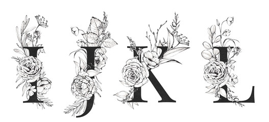 Graphic Floral Alphabet Set - letters I, J, K, L with black & white flowers bouquet composition. Unique collection for wedding invites decoration, logo and many other concept ideas.