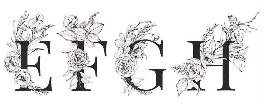 Graphic Floral Alphabet Set - letters E, F, G, H with black & white flowers bouquet composition. Unique collection for wedding invites decoration, logo and many other concept ideas.