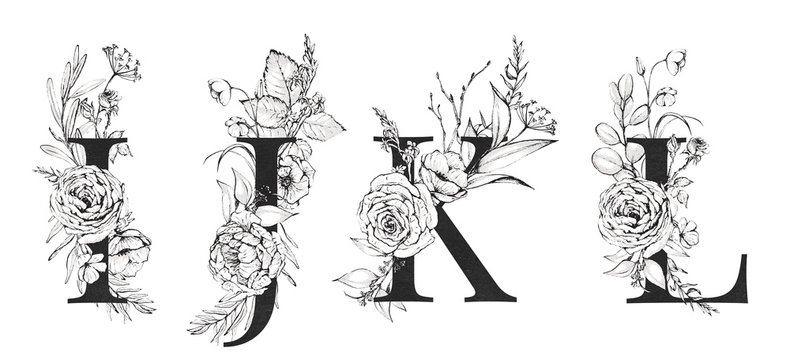 Graphic Floral Alphabet Set - letters I, J, K, L with black & white flowers bouquet composition. Unique collection for wedding invites decoration, logo and many other concept ideas.
