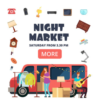 Night Market, Street Bazaar Invitation Poster. Flea Markets Vector Flyer. Flea Market For Hipster, Marketplace Selling Illustration