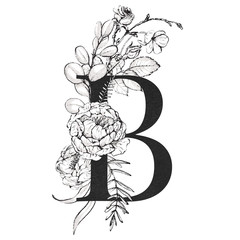 Graphic Floral Alphabet - letter B with black and white flowers bouquet composition. Unique collection for wedding invites decoration, logo, baby shower, birthday and many other concept ideas. © Veris Studio