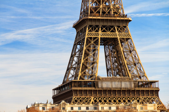 Close up detail view of the midsection of the Eiffel tower in Paris