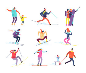 Fototapeta na wymiar Winter sports people. Adult and children in winter clothes snowboarding and skiing. Vector cartoon characters. Winter snowboard and ski, snowboarder character illustration