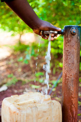 close up of young african hand filling tank with tap water with green background © davide bonaldo