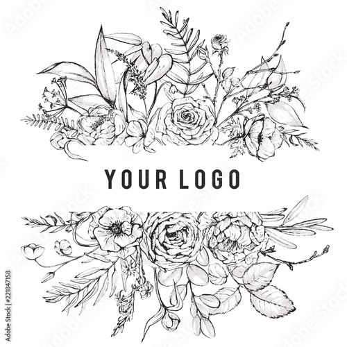 Graphic Fl Ilration Black White Inked Flowers Border Graphic Fl Ilration Black White Inked Flowers Border Frame Header For Wedding