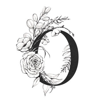 Graphic Floral Alphabet - letter O with black and white flowers bouquet composition. Unique collection for wedding invites decoration, logo, baby shower, birthday and many other concept ideas.