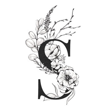 Graphic Floral Alphabet - letter S with black and white flowers bouquet composition. Unique collection for wedding invites decoration, logo, baby shower, birthday and many other concept ideas.