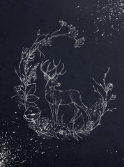 Graficzna Ilustracja Świąteczna - świąteczny wieniec ze srebrnymi kwiatami z jeleniem na granatowym tle