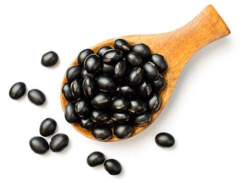 Raw Black Bean In The Wooden Scoop, Isolated On White, Top View