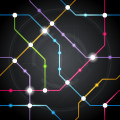 Vector abstract seamless colorful future cyber metro scheme, railway transport or city bus map pattern on black background