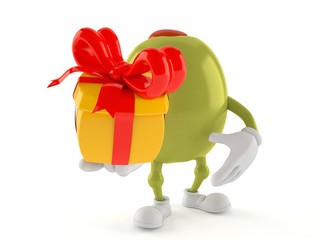 Olive character holding gift