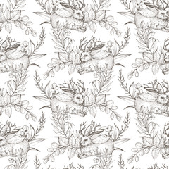 Graphic floral seamless pattern - mythological wolpertinger hare & flower bouquets on white background. For wedding stationary, greetings, wallpapers, fashion, logo, wrapping paper, fashion, textile.