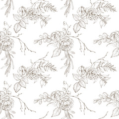 Graphic floral seamless pattern - flower bouquets on white background. For wedding stationary, greetings, wallpapers, fashion, logo, wrapping paper, fashion, textile, etc.