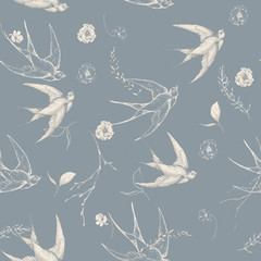 Fototapety  Graphic floral seamless pattern - swallow birds and flower elements on grey - blue background. For wedding stationary, greetings, wallpapers, fashion, logo, wrapping paper, fashion, textile, etc.