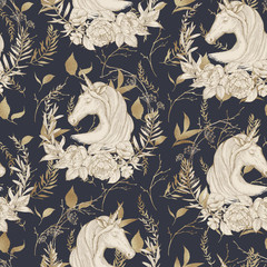 Graphic floral seamless pattern - unicorn with flower wreaths illustration on dark background. For wedding stationary, greetings, wallpapers, fashion, logo, wrapping paper, fashion, textile, etc. © Veris Studio