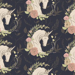 Graphic floral seamless pattern - unicorn with flower wreaths illustration on dark background. For wedding stationary, greetings, wallpapers, fashion, logo, wrapping paper, fashion, textile, etc. © Veris Studio