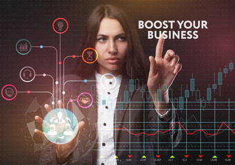 The concept of business, technology, the Internet and the network. A young entrepreneur working on a virtual screen of the future and sees the inscription: Boost your business