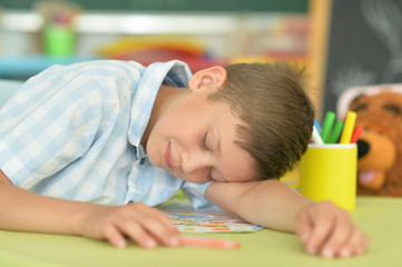 Portrait of cute little boy sleeping in classroom