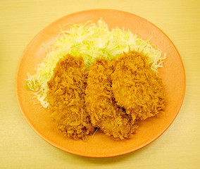 皿に盛ったヒレカツとキャベツ