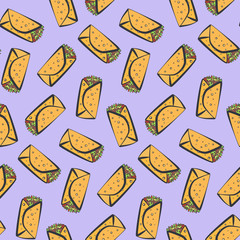 Colorful seamless pattern with cartoon mexican burrito on light violet background. Comic flat pop art burritos texture for fast food textile, wrapping paper, package, restaurant or cafe menu banners