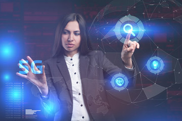 The concept of business, technology, the Internet and the network. A young entrepreneur working on a virtual screen of the future and sees the inscription: 5G