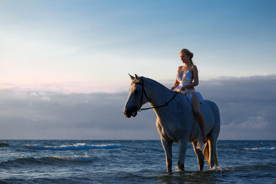 beautiful young woman on a horse near the sea