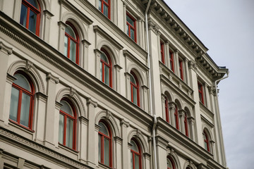 Red lined windows in Stockholm apartment building